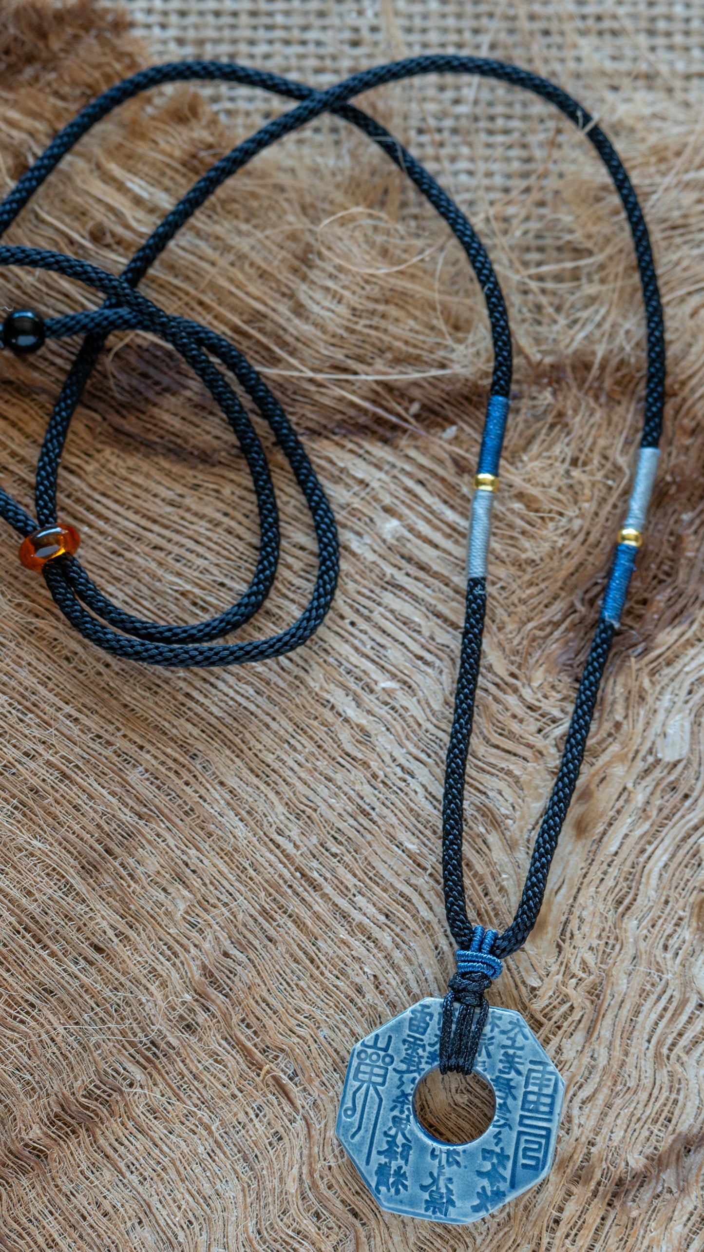 NKL-ASN01ABL: Hexagon Asian Scroll Ceramic Necklace with Silk Cord – Dark Blue Glaze