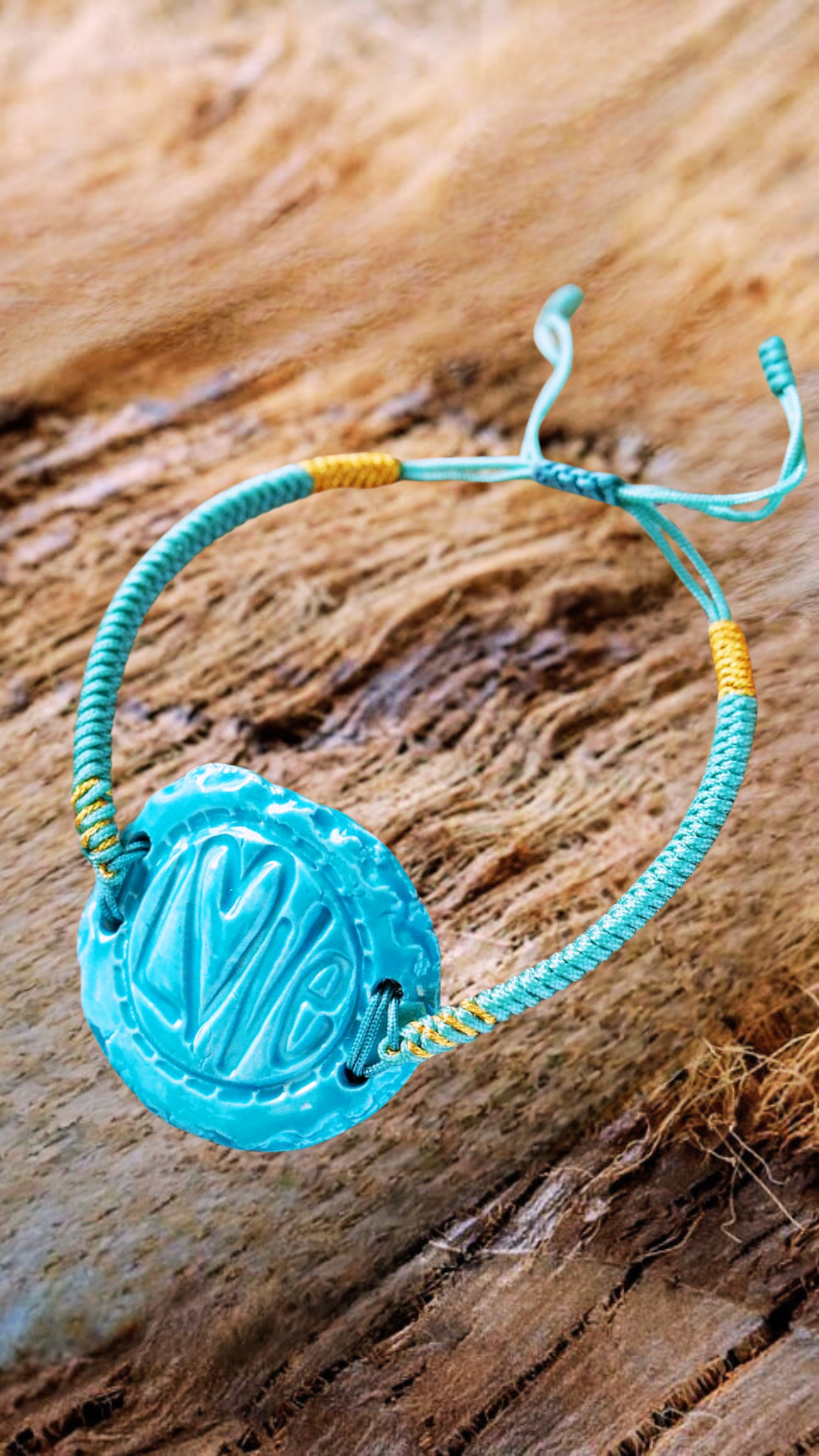 BLT-LOV01AQA: Love Ceramic Bracelet with Adjustable Braided Aqua Cord – Aqua Glaze