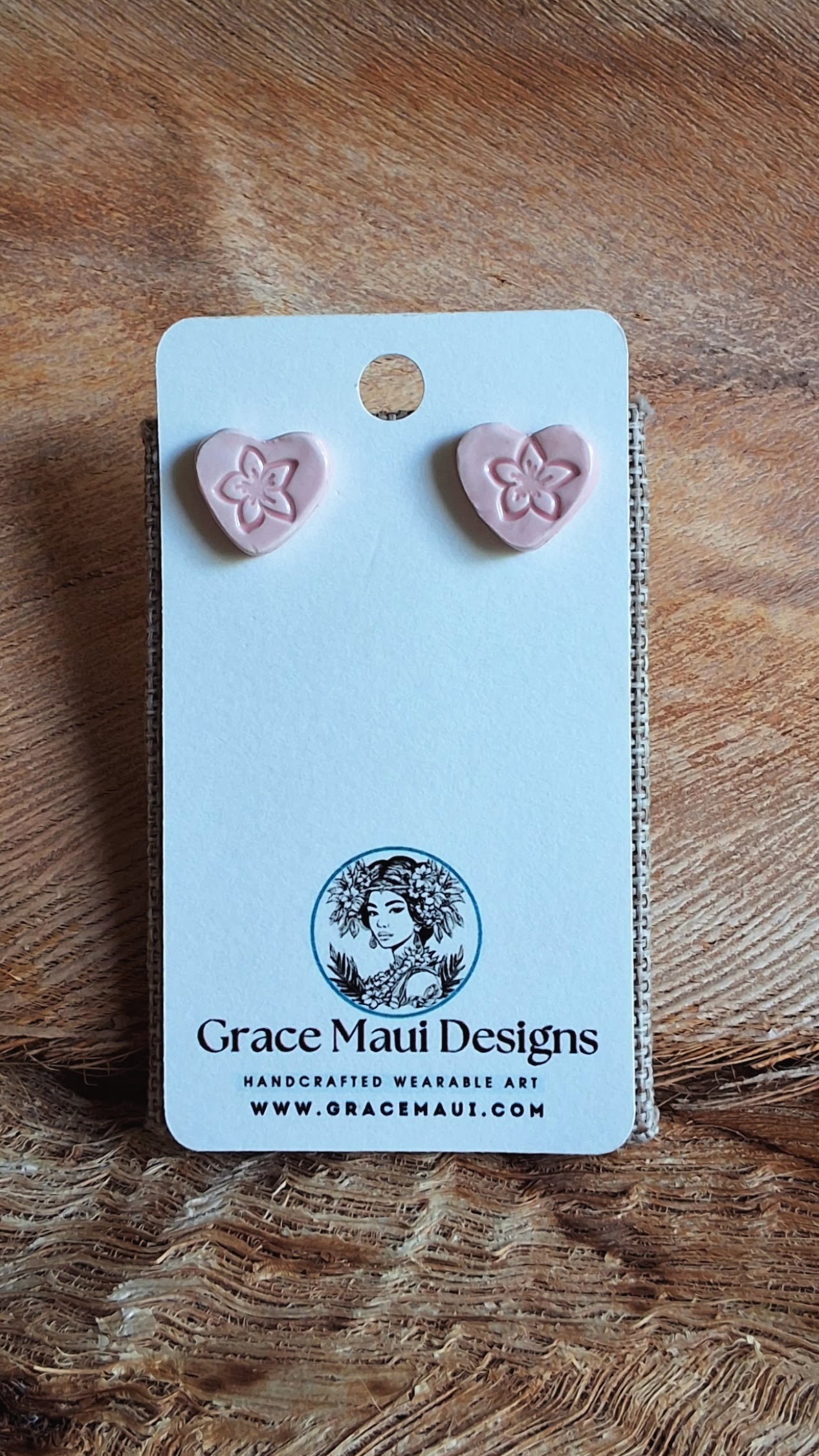 EAR-PLU02PNK: Pink Plumeria Flower Heart Ceramic Post Earrings