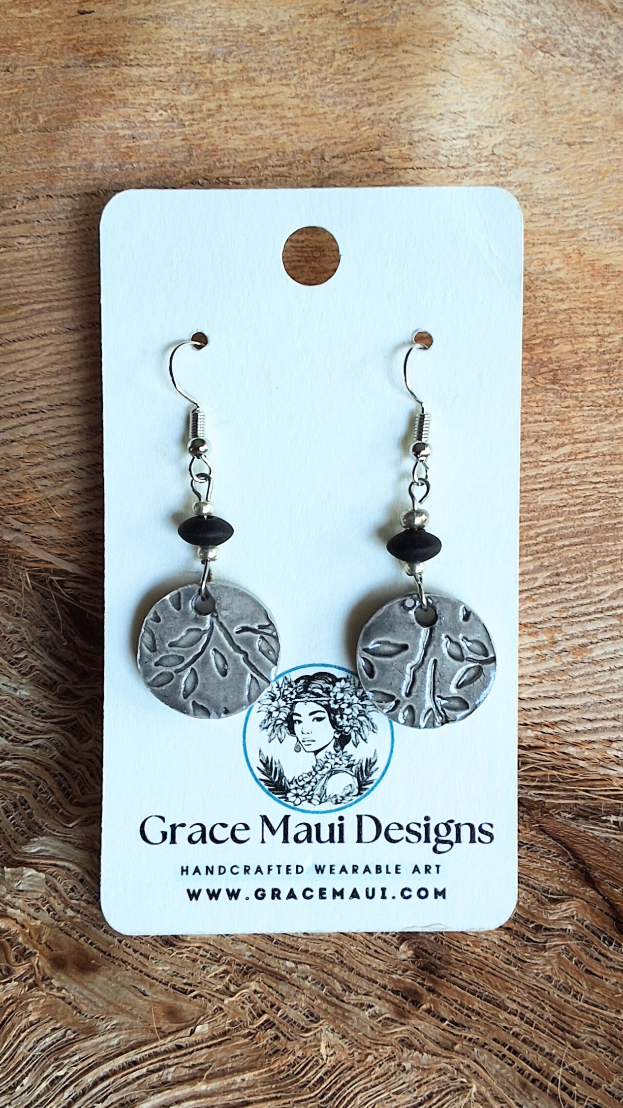 EAR-BMB01BLK: Bamboo Round Ceramic Earrings – Black Glaze