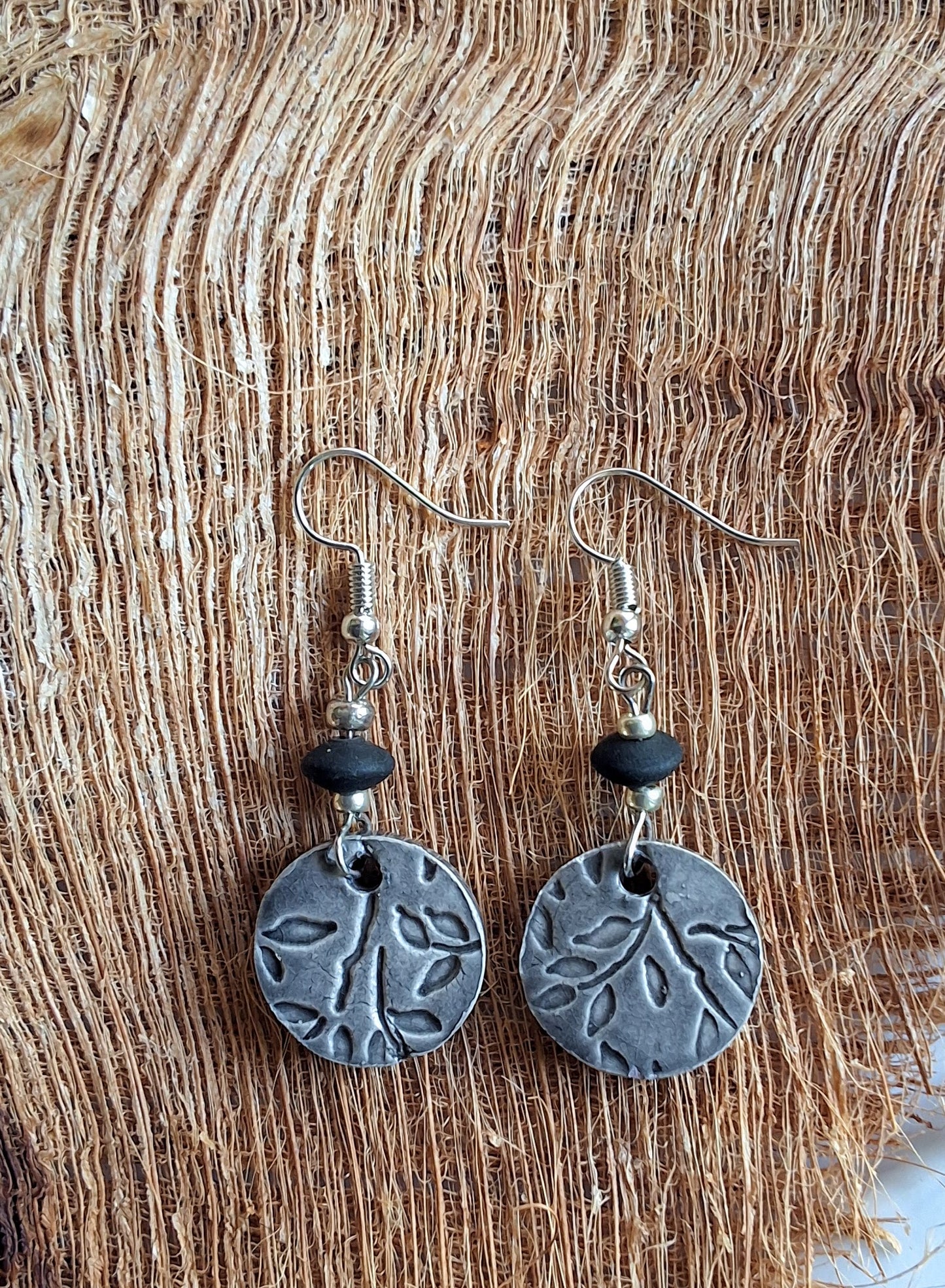 EAR-BMB01BLK: Bamboo Round Ceramic Earrings – Black Glaze