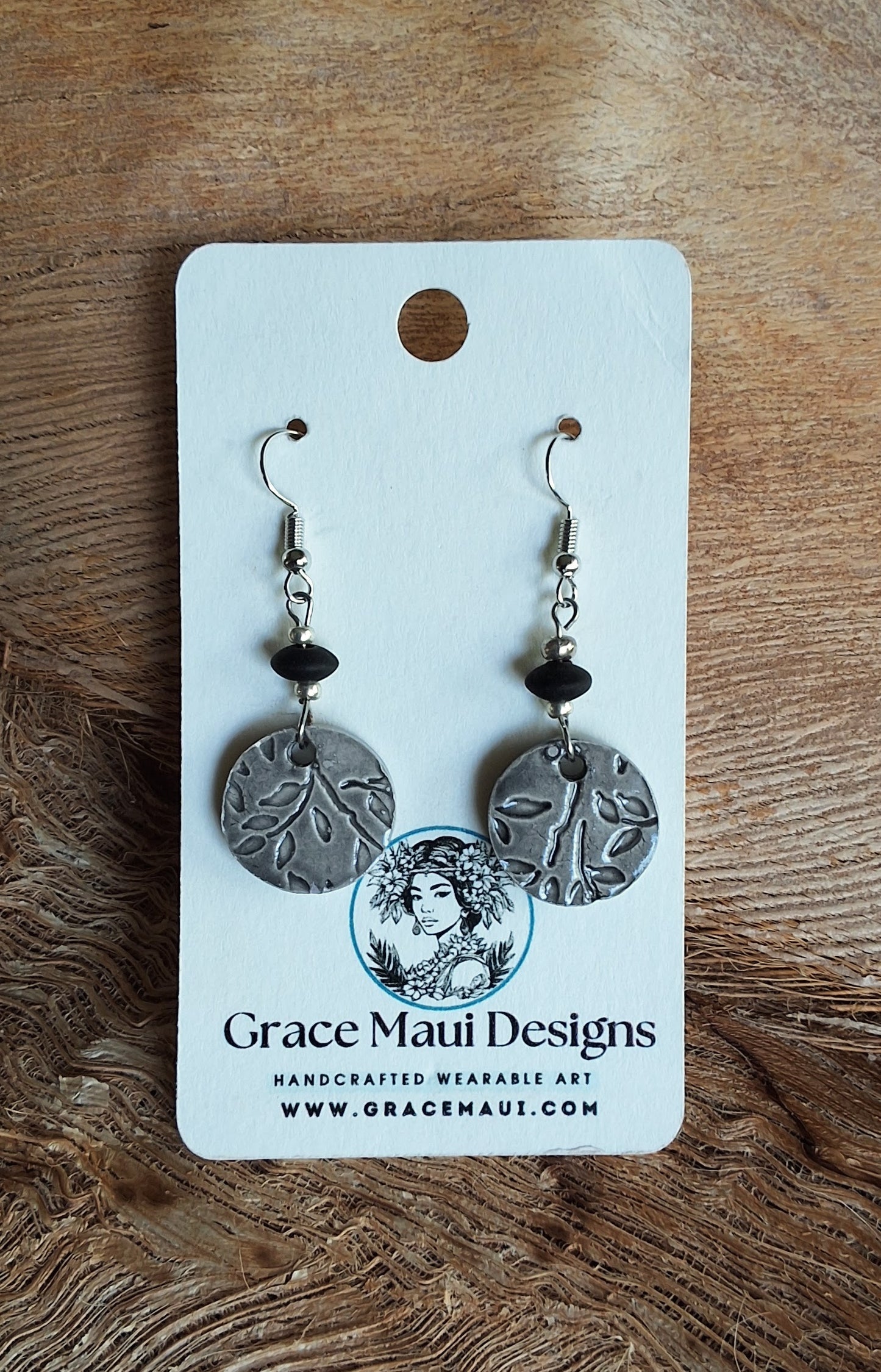 EAR-BMB01BLK: Bamboo Round Ceramic Earrings – Black Glaze