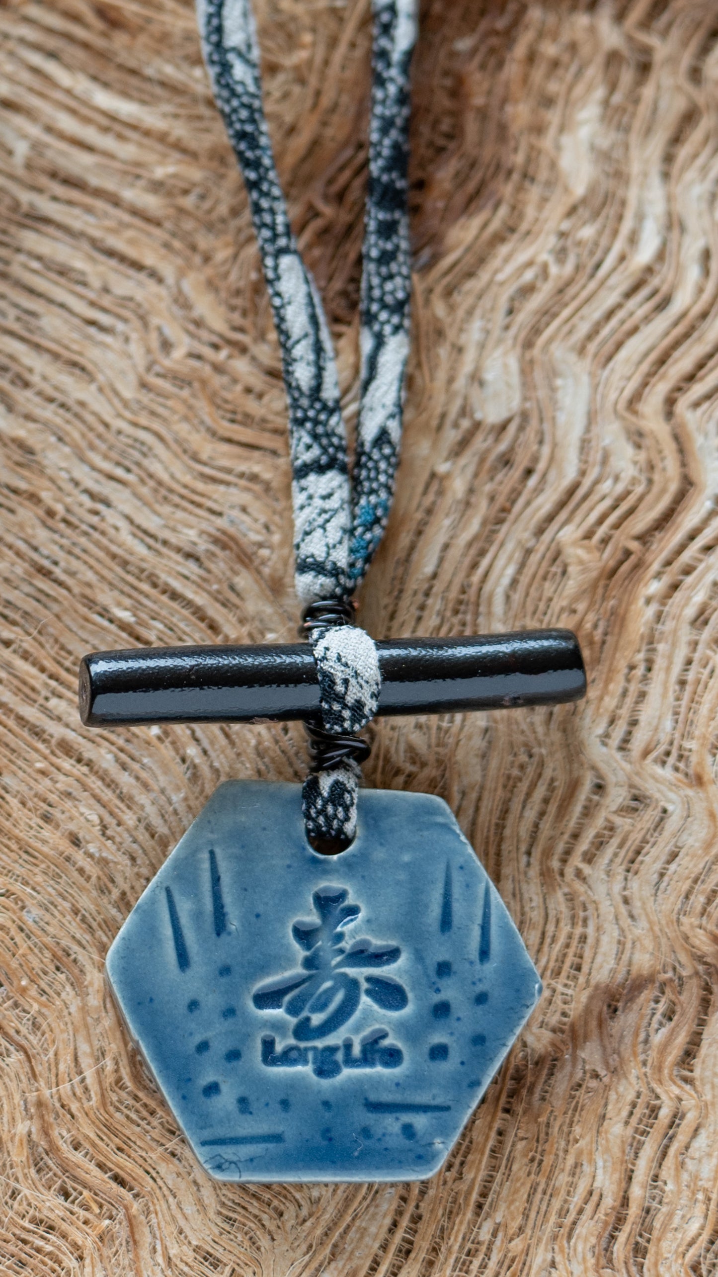 NKL-LLK01ABL: Long Life in Kanji Ceramic Necklace with Black Bamboo and Dark Floral Repurposed Adjustable Silk Kimono Cord - Dark Blue glaze