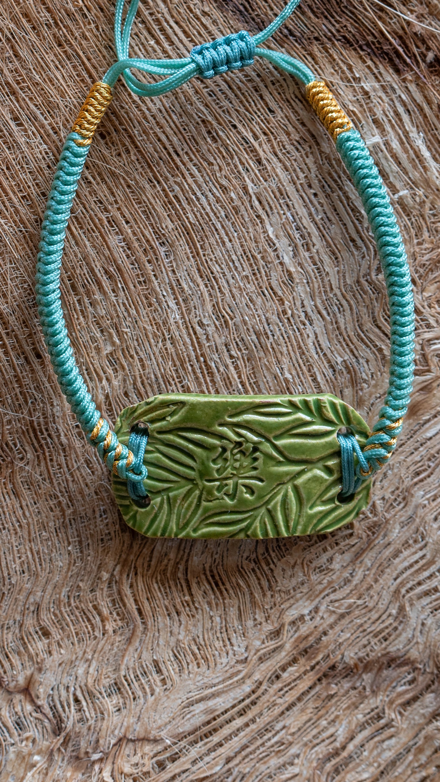 BLT-HAP02GRN: Monstera and Happiness Kanji Ceramic Bracelet – Green Glaze