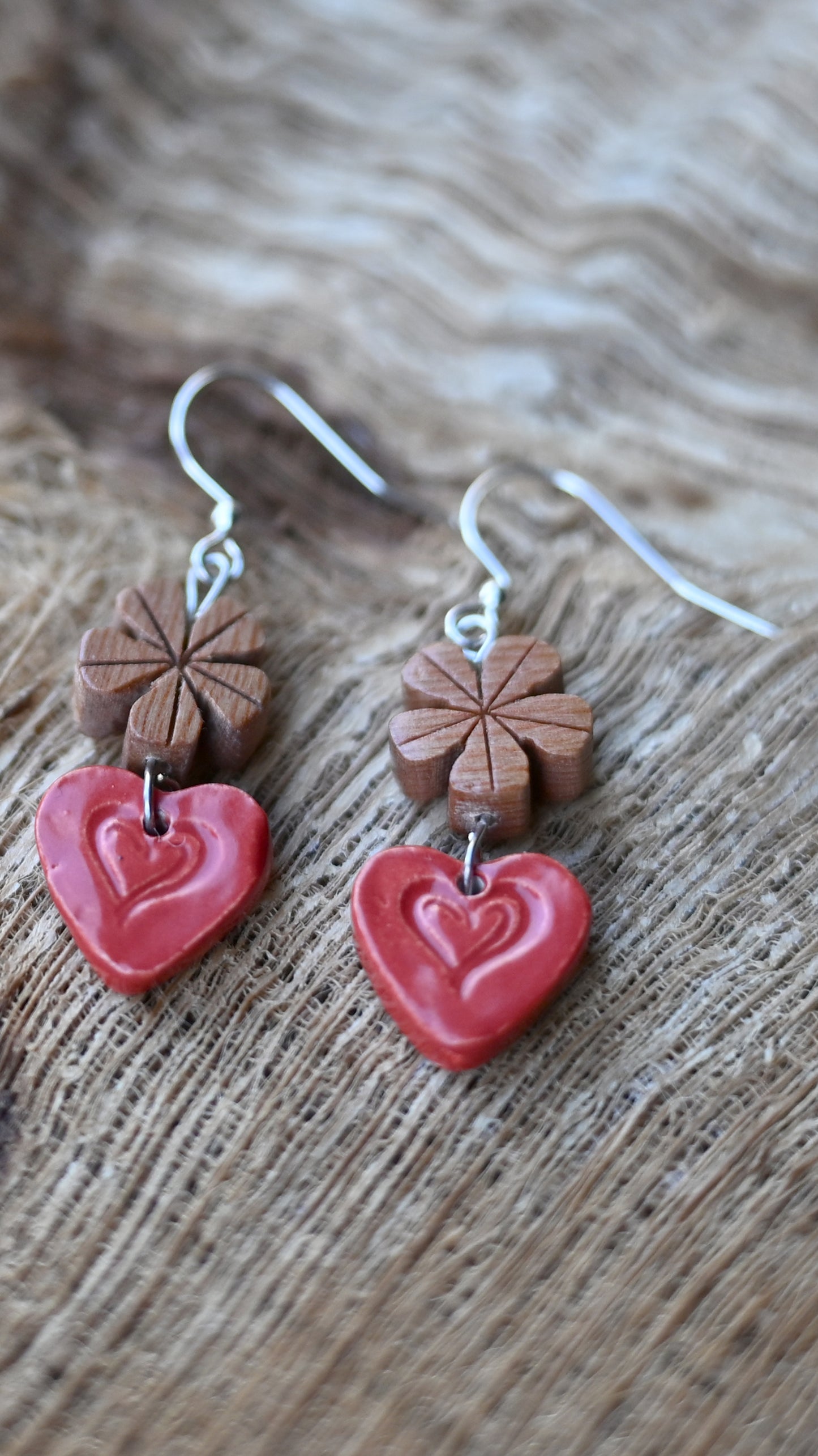 EAR-HRT05RED: Heart Shaped Red Ceramic Earrings with Wooden Flower
