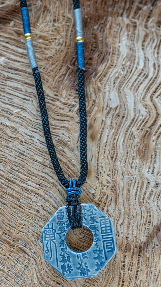 NKL-ASN01ABL: Hexagon Asian Scroll Ceramic Necklace with Silk Cord  – Dark Blue Glaze