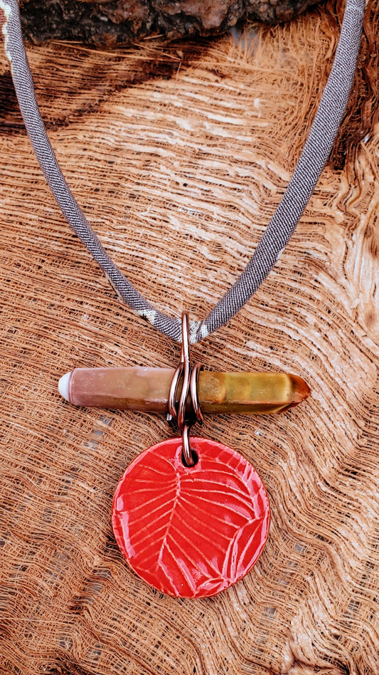 NKL-MON01RED: Monstera Leaf Ceramic Necklace with Sea Urchin Spike and Repurposed Silk Kimono Cord – Red Glaze