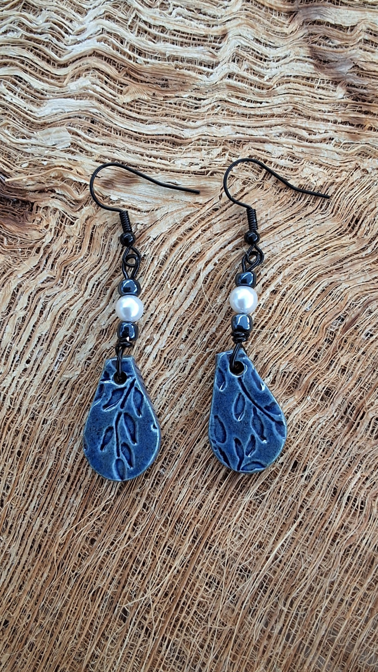 EAR-BMB02ABL: Bamboo Teardrop Ceramic Earrings – Dark Blue Glaze