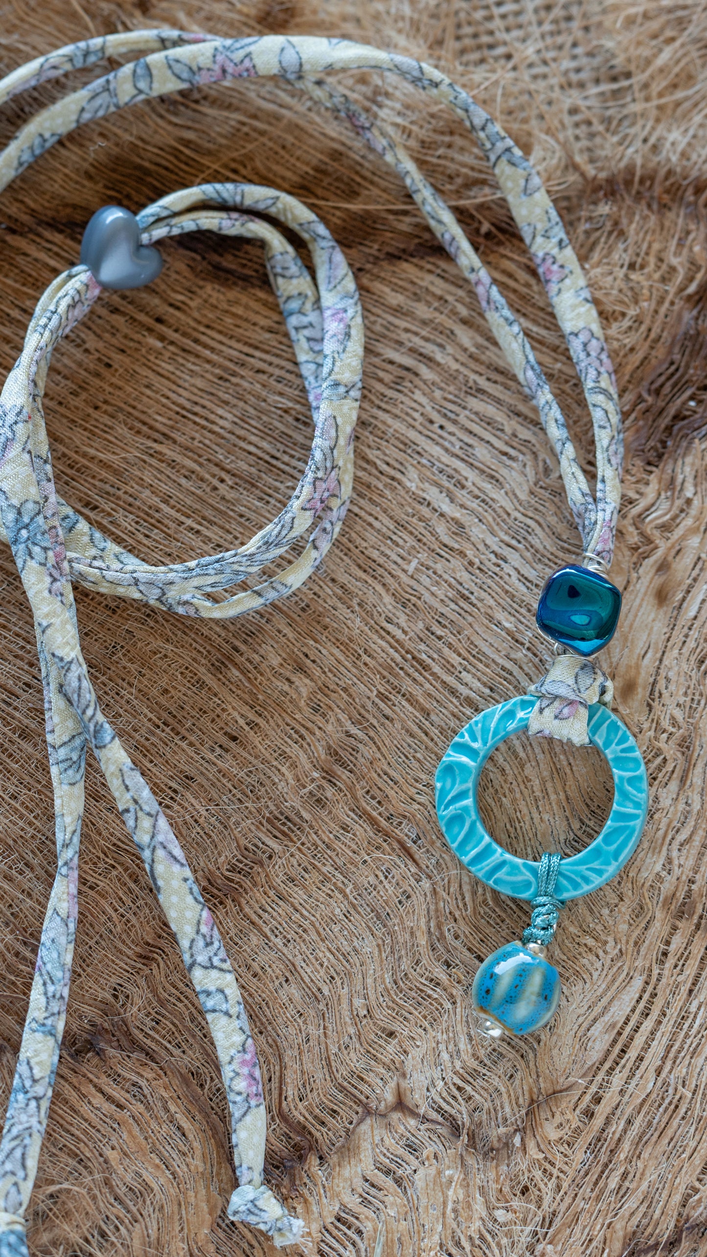 NKL-FRN01AQA: Fern Blossom Ceramic Necklace with Glass Beads and Repurposed Kimono – Aqua Glaze