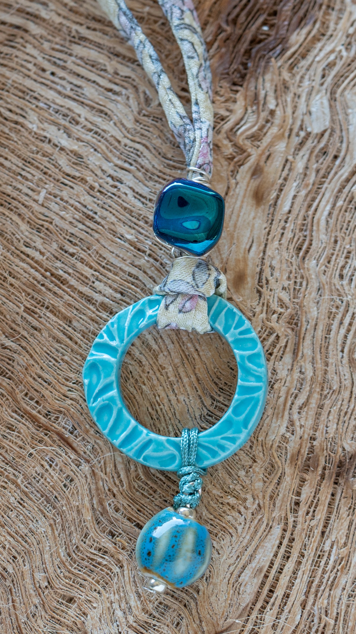 NKL-FRN01AQA: Fern Blossom Ceramic Necklace with Glass Beads and Repurposed Kimono – Aqua Glaze