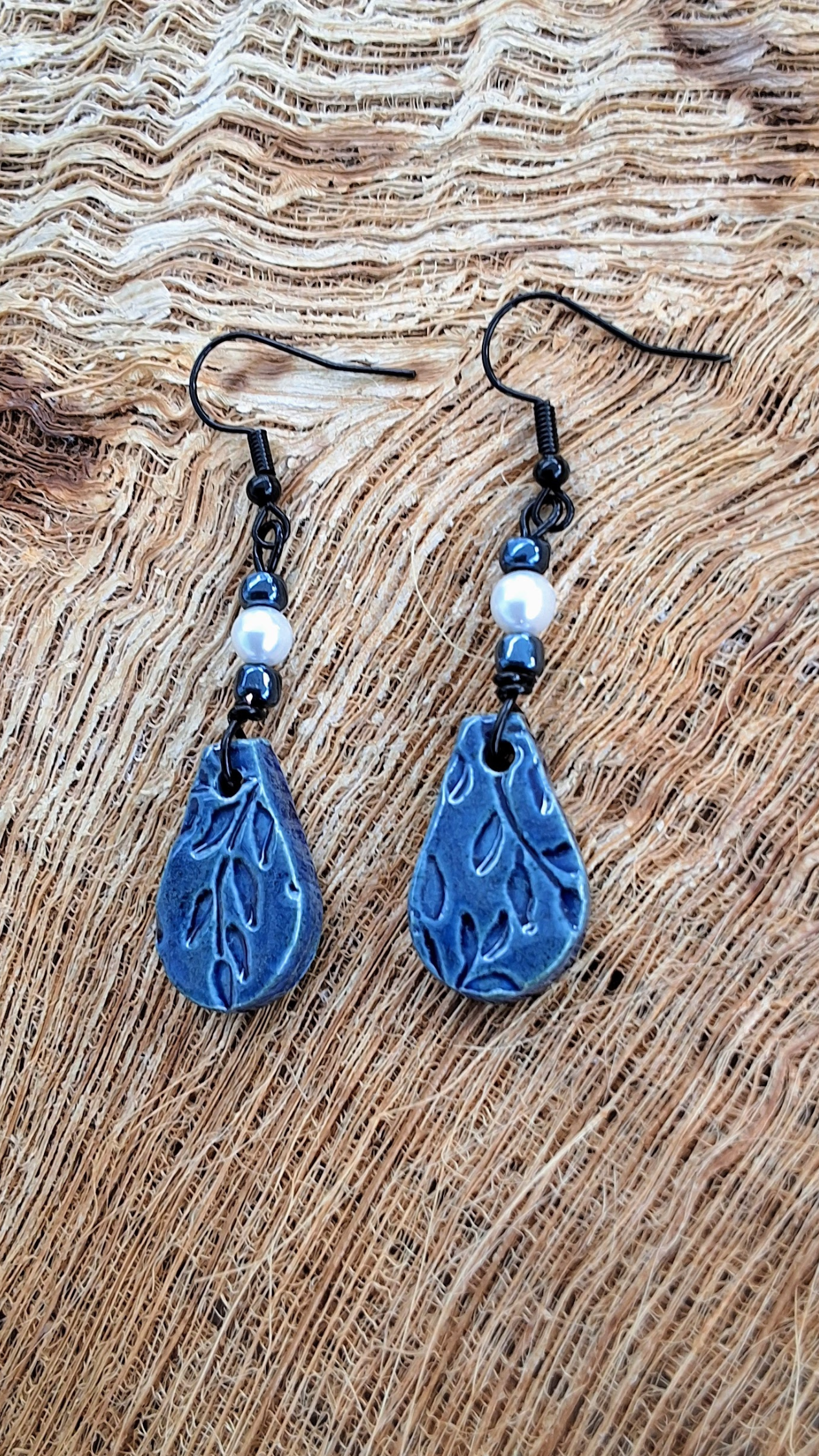 EAR-BMB02ABL: Bamboo Teardrop Ceramic Earrings – Dark Blue Glaze