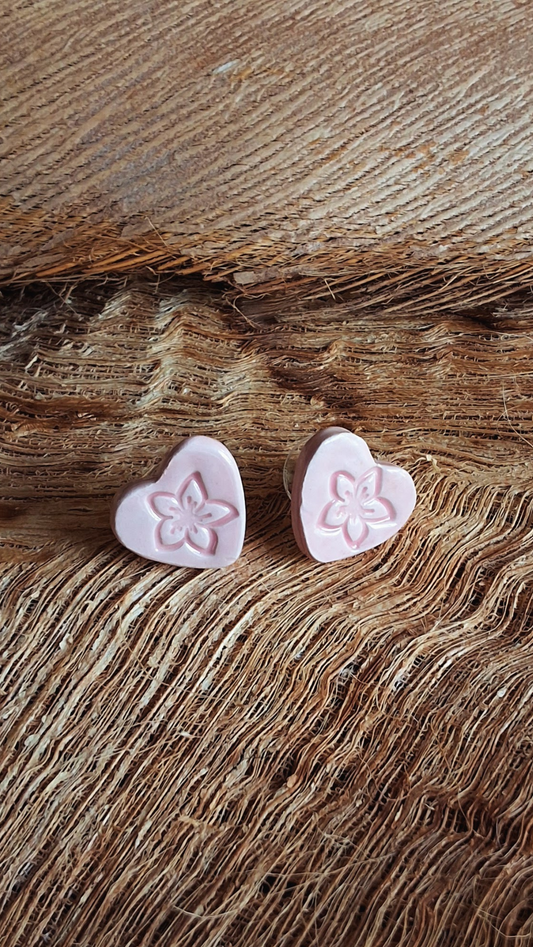 EAR-PLU02PNK: Pink Plumeria Flower Heart Ceramic Post Earrings