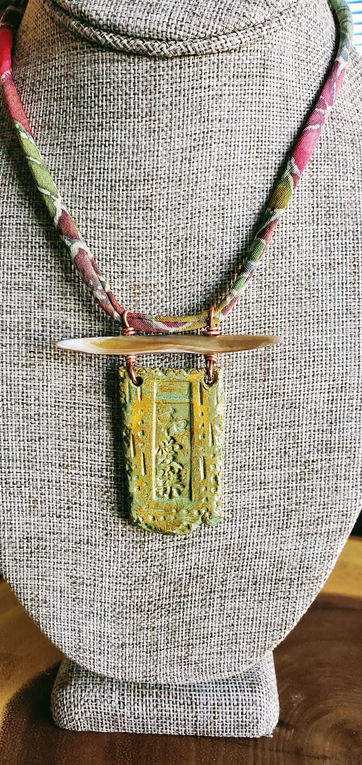 NKL-PLH01BNS: Peace, Love, Happiness in Kanji Ceramic Necklace with Abalone and Repurposed Kimono Cord