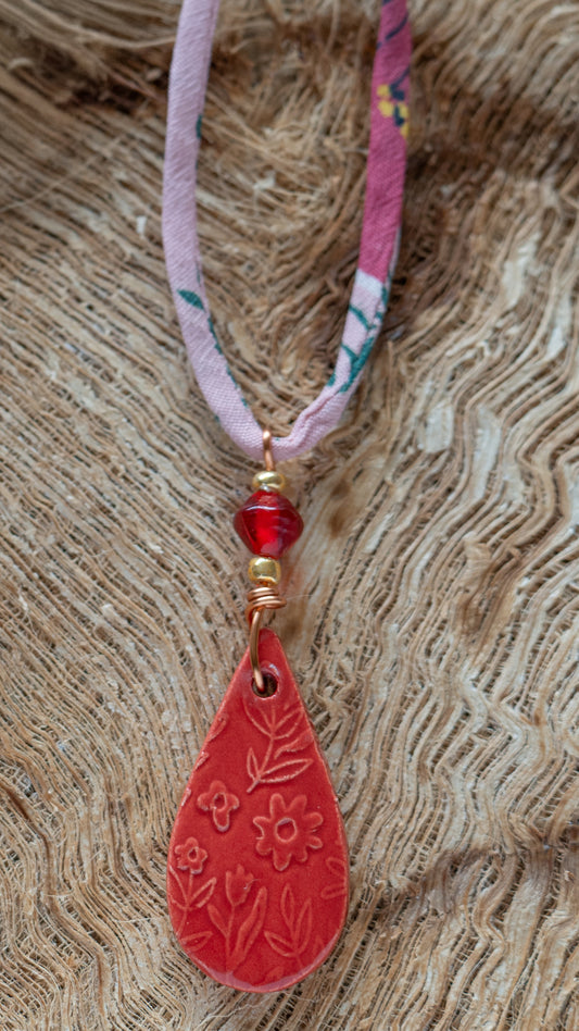 NKL-SPF01RED: Spring Flowers Ceramic Necklace with Adjustable Floral Kimono Cord – Red Glaze