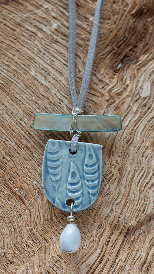 NKL-FSH02BLU: Fishes Ceramic Necklace with Natural Abalone and Jobs Tears and Faux Suede Grey Cord – Blue Glaze