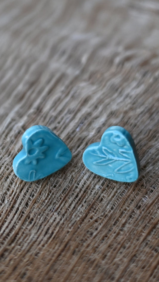 EAR-SPF04AQA: Heart Spring Flowers Ceramic Post Earrings in Aqua glaze