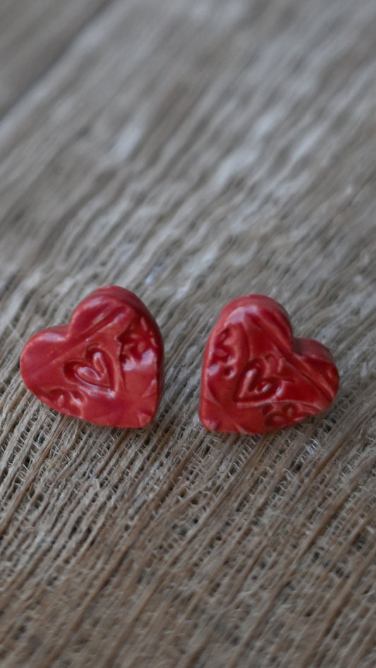 EAR-HRT01RED: Heart Ceramic Post Earrings in Red glaze