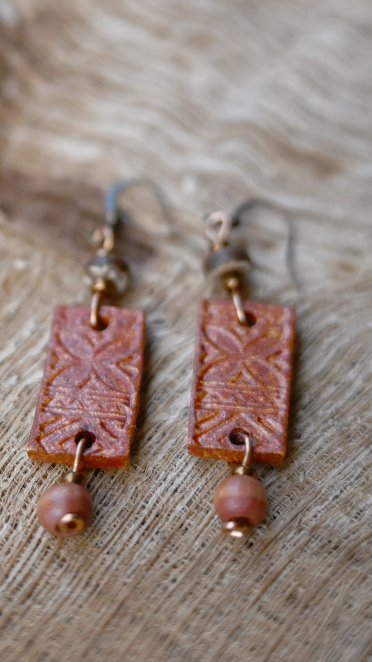 EAR-TBL02CPB: Rectangle Tribal Ceramic Earrings – Copper Brown Glaze