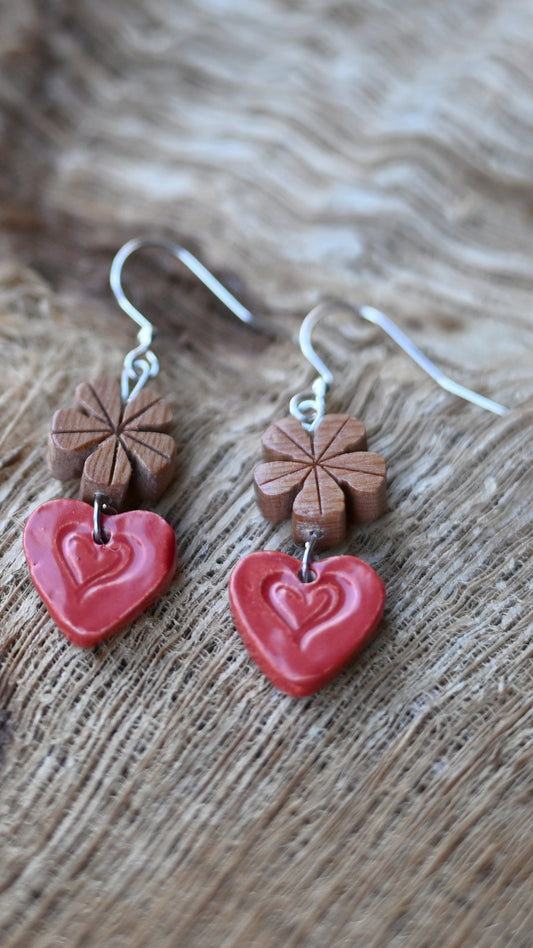 EAR-HRT05RED: Heart Shaped Red Ceramic Earrings with Wooden Flower