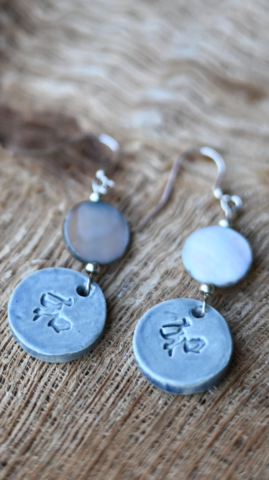 EAR-PCE01BLU: Round Peace Kanji Ceramic Earrings – Blue Glaze