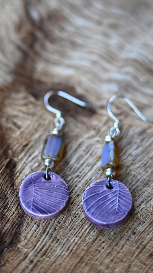 EAR-MON01PRP: Monstera Round Ceramic Earrings – Purple Glaze
