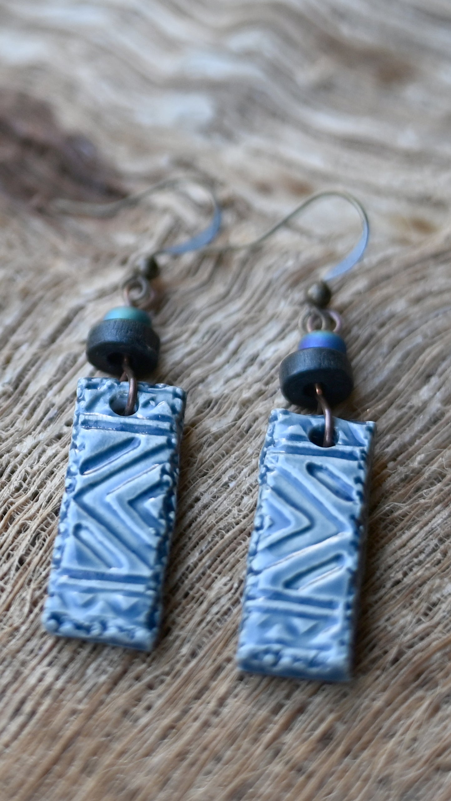 EAR-TBL04ABL: Rectangle Tribal Ceramic Earrings with Black and Blue Beads – Dark Blue Glaze