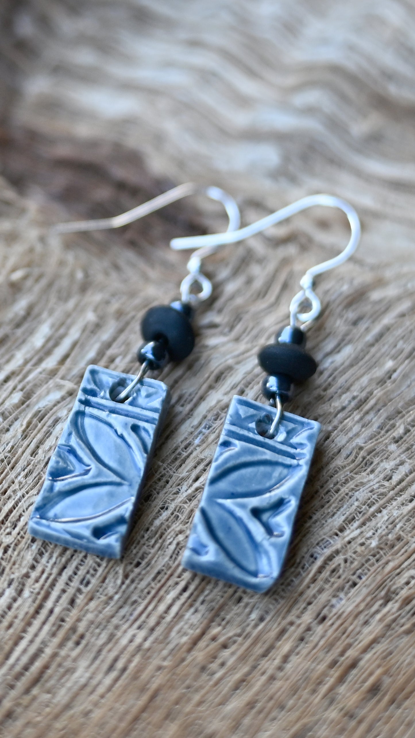 EAR-TBL05ABL: Rectangle Tribal Ceramic Earrings with Black and Blue Beads – Dark Blue Glaze