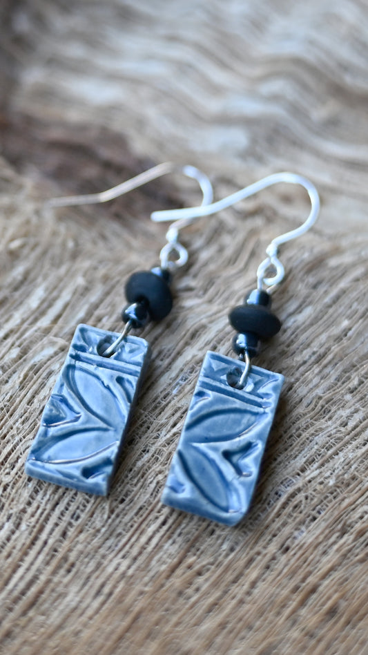 EAR-TBL05ABL: Rectangle Tribal Ceramic Earrings with Black and Blue Beads – Dark Blue Glaze