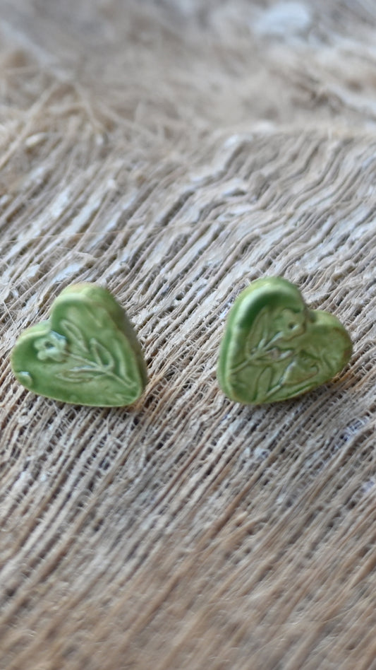 EAR-SPF02GRN: Heart Spring Flowers Ceramic Post Earrings in Green glaze