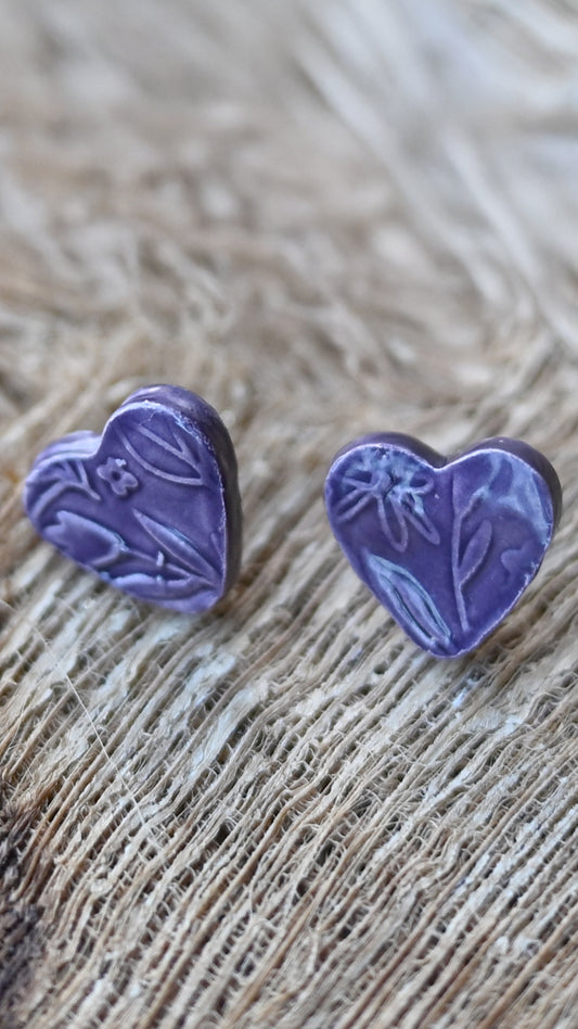 EAR-SPF03PRP: Heart Spring Flowers Ceramic Post Earrings in Purple glaze