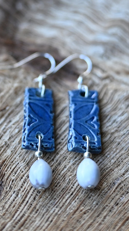 EAR-TBL03ABL: Rectangle Tribal Ceramic Earrings – Dark Blue Glaze