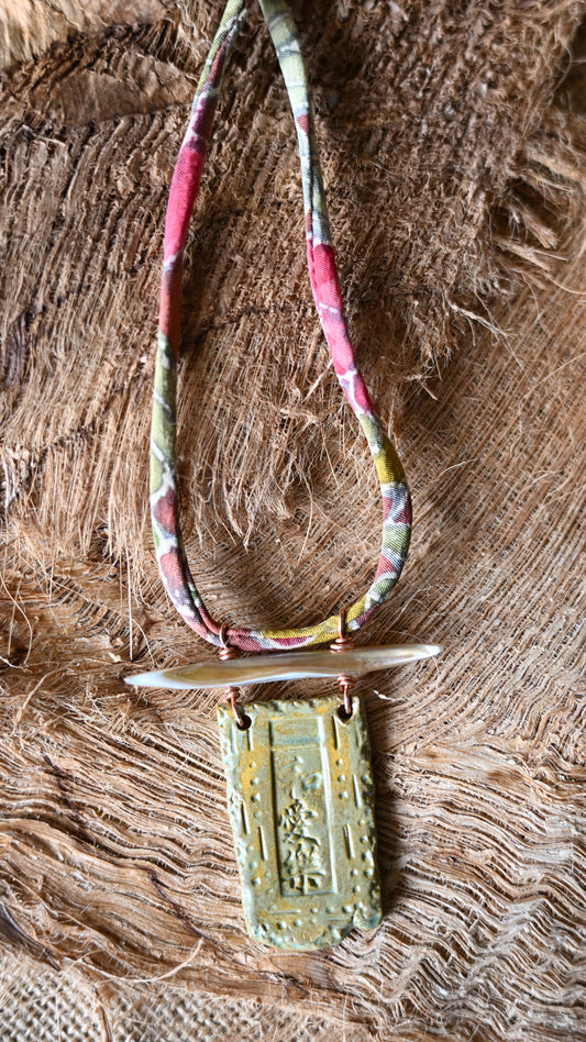 NKL-PLH01BNS: Peace, Love, Happiness in Kanji Ceramic Necklace with Abalone and Repurposed Kimono Cord