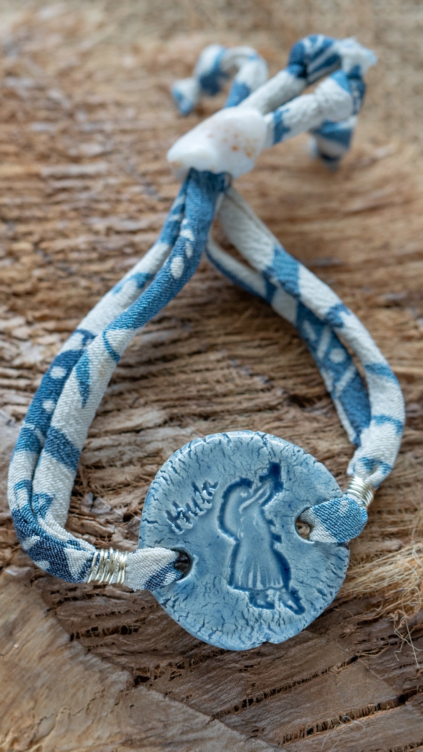 BLT-HLA01BLU: Hula Girl Ceramic Bracelet – Blue Glaze with Adjustable Repurposed Silk Kimono Cord