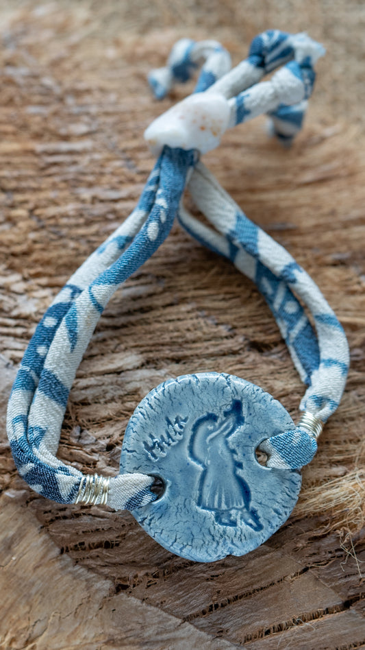 BLT-HLA01BLU: Hula Girl Ceramic Bracelet – Blue Glaze with Adjustable Repurposed Silk Kimono Cord